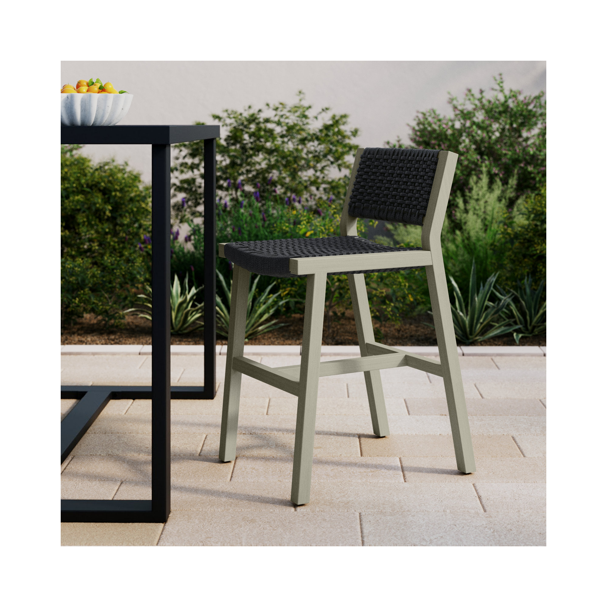 Shea Teak Outdoor Bar Stool, Dark Gray Rope, Dark Gray, Counter Stool (26" Seat Height)