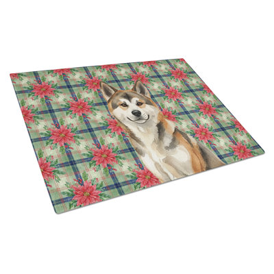 Sesame Akita Christmas PoinsettIas Glass Cutting Board
