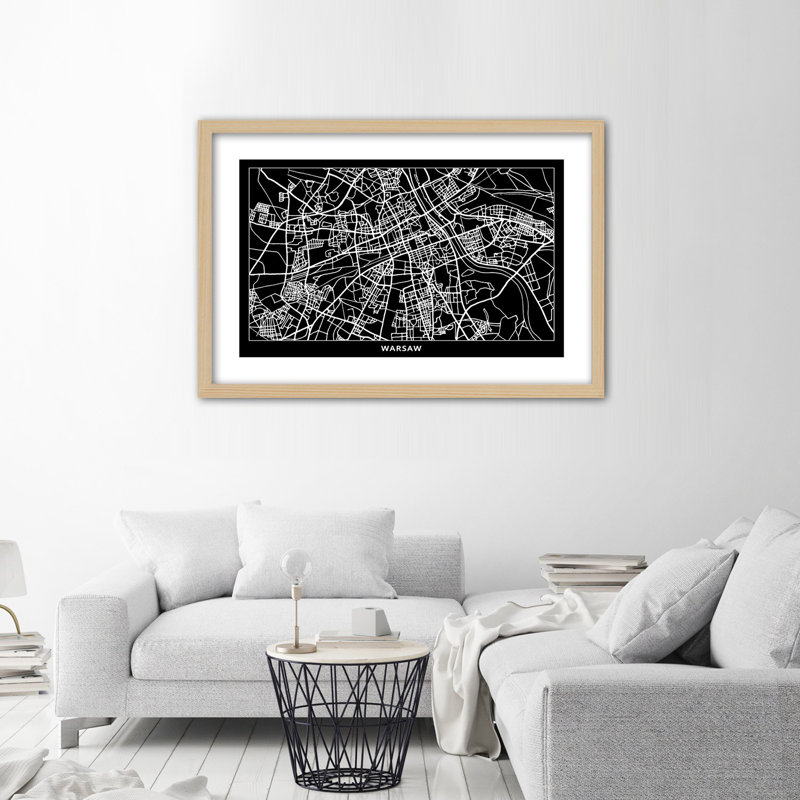 City Map Of Warsaw - Single Picture Frame Print, Light Brown, 60cm H x 90cm W