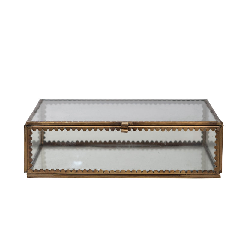 Longue boîte de présentation en laiton et verre avec bords festonnés