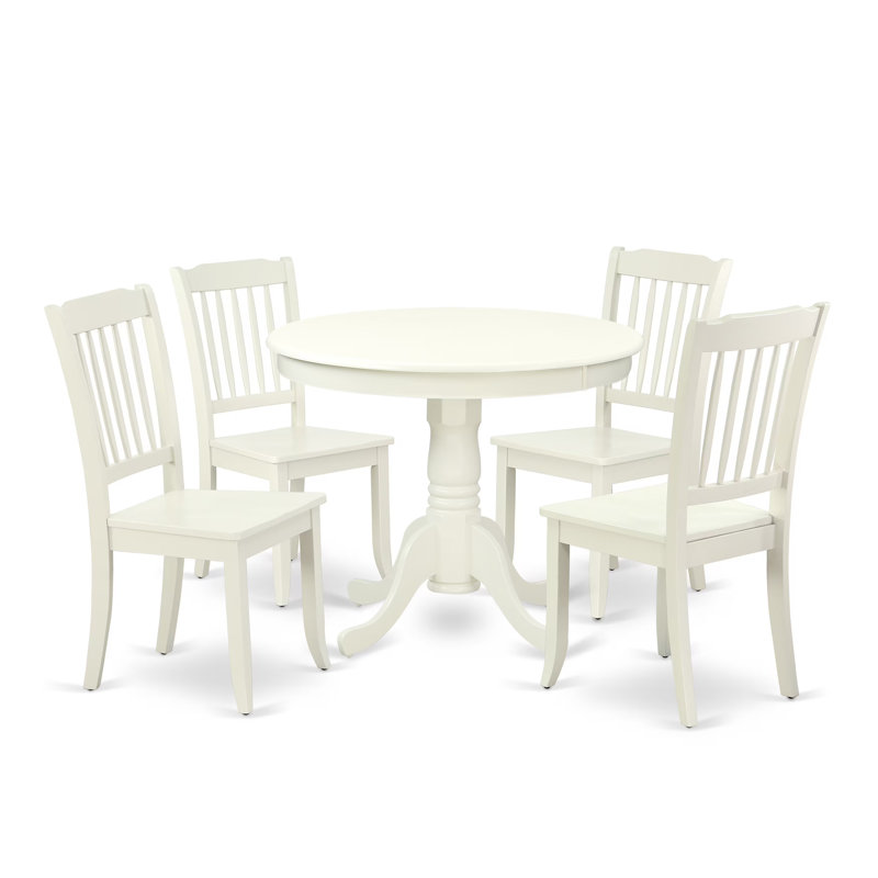 5 Piece Dining Set Includes a Round Kitchen Table with Pedestal and 4 Dining Room Chairs, Linen White, 5, White, Linen White