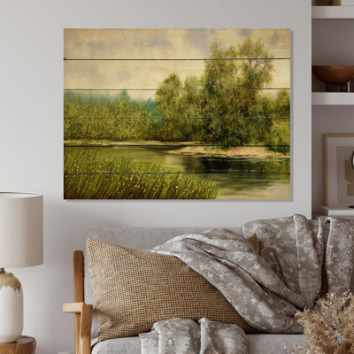 Rivière dans un paysage champêtre II - Panneaux d'art mural traditionnels en bois - Bois de pin naturel