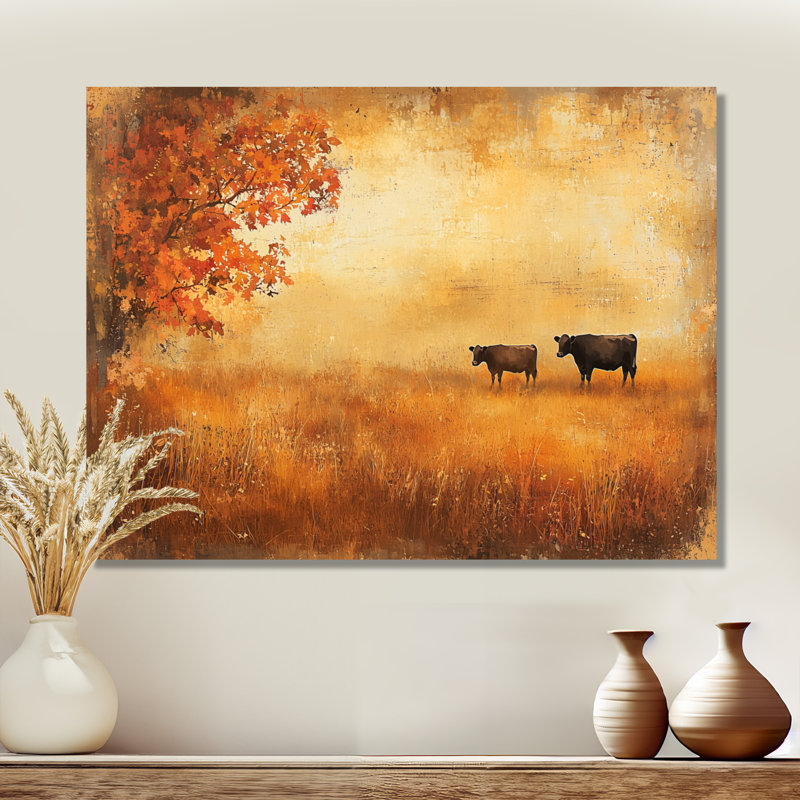 Vaches dans les champs d'automne II - campagne, estampes métalliques, H 12 po x l 20 po