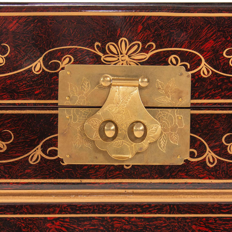 Hand-Crafted Red Lacquer Storage Trunk with Gold Landscape Design