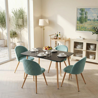 Ensemble de 4 chaises de salle à manger en velours, ensemble de chaises d'appoint de style scandinave pour le salon, les pieds en métal et les sièges souples, turquoise, 4 pièces