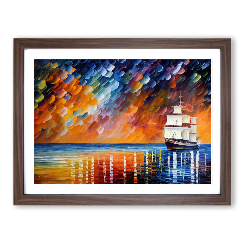 Ship On The Horizon - Single Picture Frame Print, 46cm H x 64cm W x 2cm D, Walnut