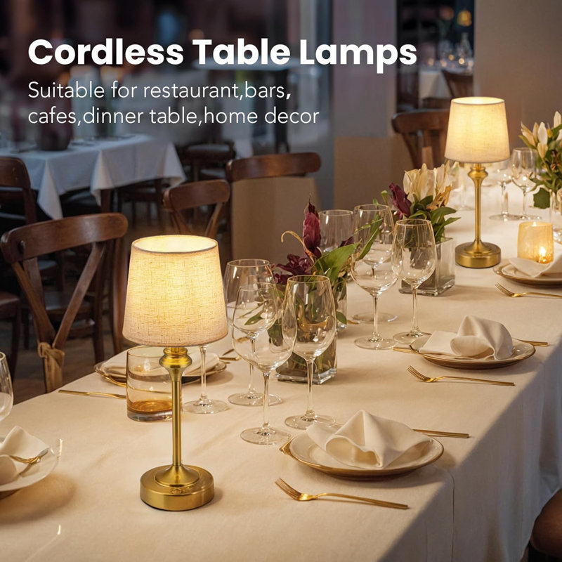Gold Aluminum Cordless Touch Table Lamps Set with Fabric Shades