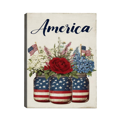 American Flag Mason Jar Floral Memorial Day 24×32 Inch Canvas Wall Décor