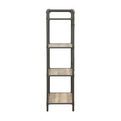 Itzel Antique Oak & Sandy Gray Finish Bookshelf, Durable 3-Tier Design with Industrial Metal Frame and Veneer Shelves