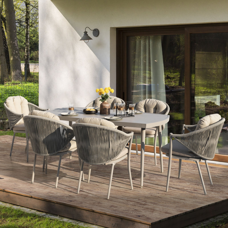 Patio 7-Piece Dining Set with Cushions and Pillows, Umbrella Hole, Beige, Beige, 29.5" H x 32" W x 66" L