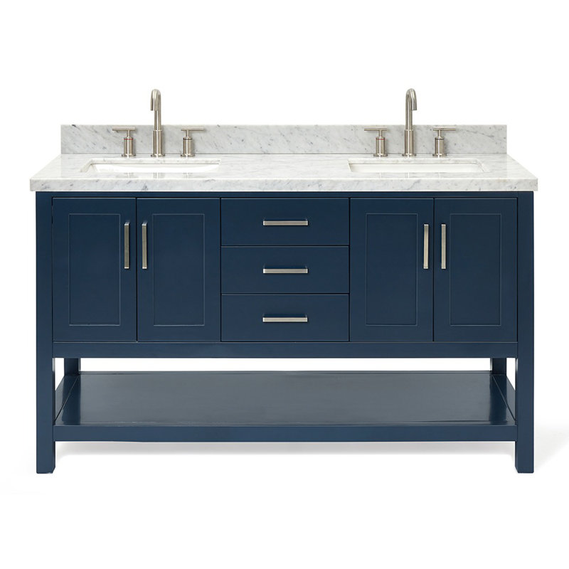 Magnolia Bath Vanity Oval Basin, Midnight Blue, Carrara White Marble, Rectangle 