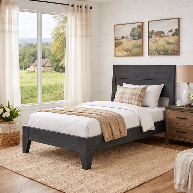 Modern Solid Pine Platform Twin Bed Frame, Twin, Black Wash