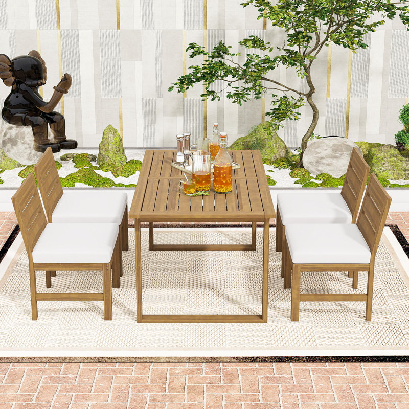 Ensemble de salle à manger 5 pièces en bois d'acacia avec chaises rembourrées pour la cour, le balcon ou la piscine, Beige