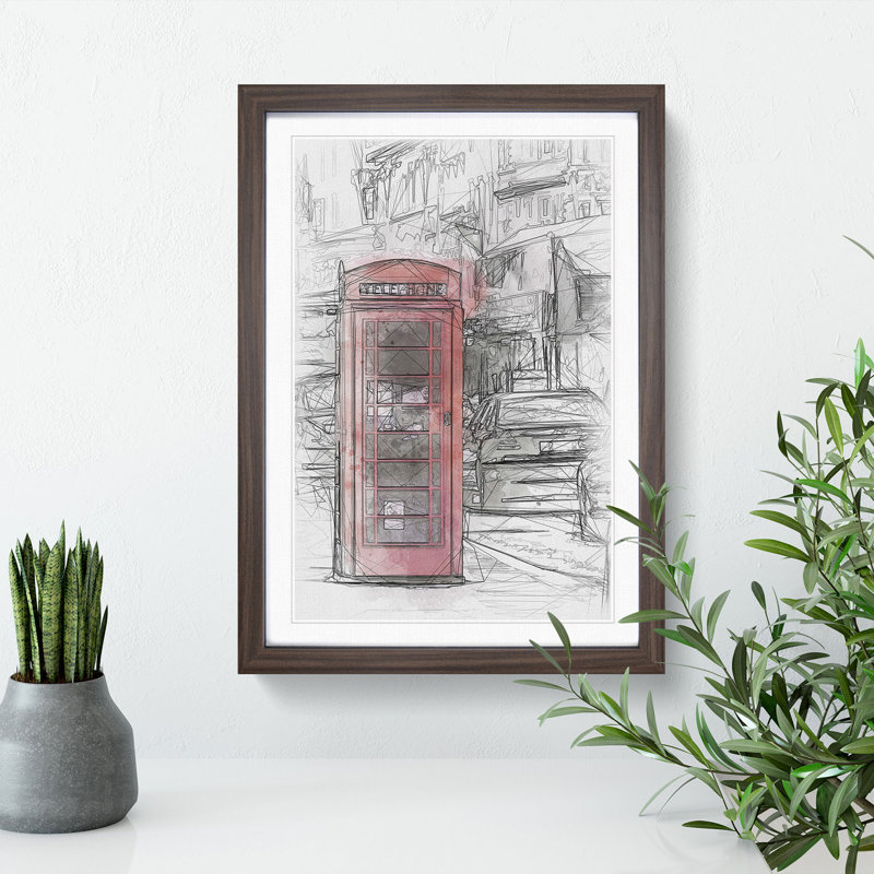 A Red Telephone Box - Single Picture Frame Painting on MDF, 45cm H x 33cm W x 2cm D, Walnut Framed