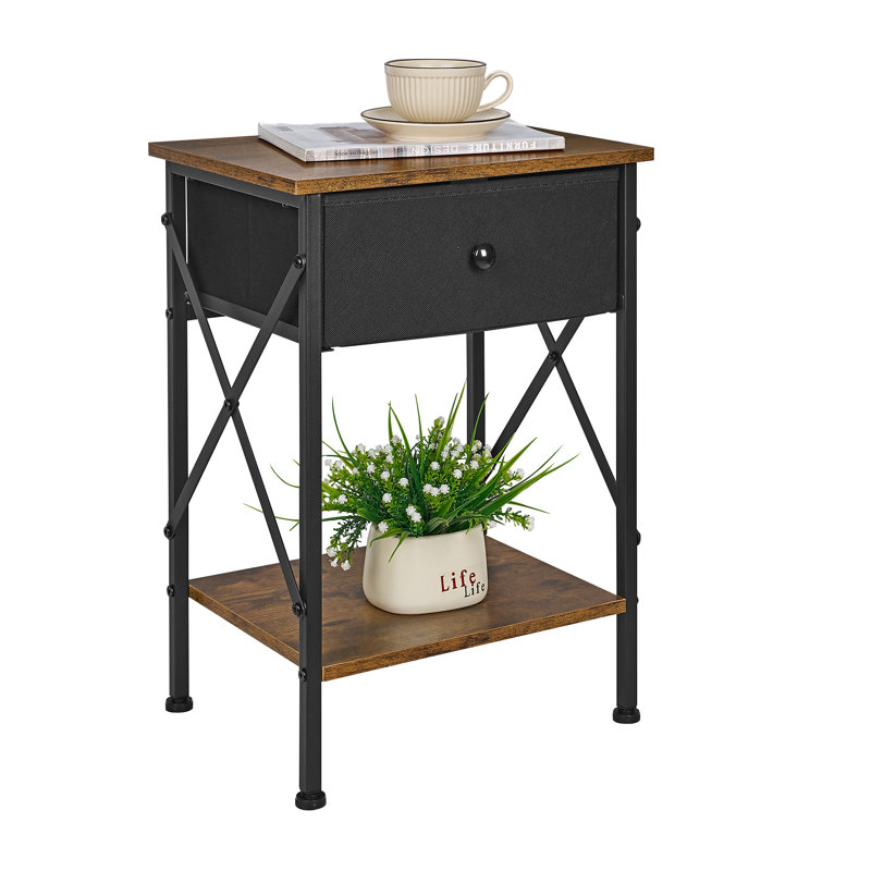 Fabric Drawer Nightstand With Open Shelf, Small Bedside Table For Bedroom, Living Room Or Dorm, Antique Brown/Black