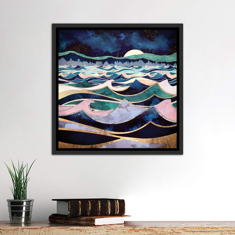 Océan au clair de lune - imprimé, H 26 po x l 26 po x P 1,5 po, Cadre flottant noir patiné, Pas de tapis
