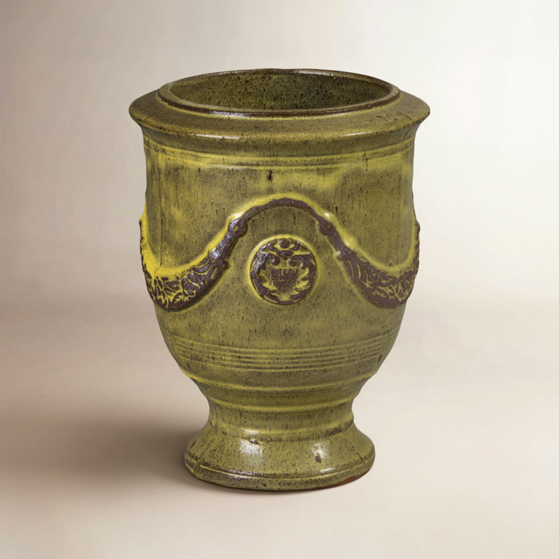 Anduze French Yellow Ceramic Round Planter with Drainage Hole, 16" H x 12" W x 12" D