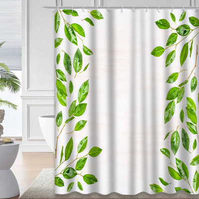 Beautiful Leaves Water Drops Green Shower Curtain with 12 Hooks