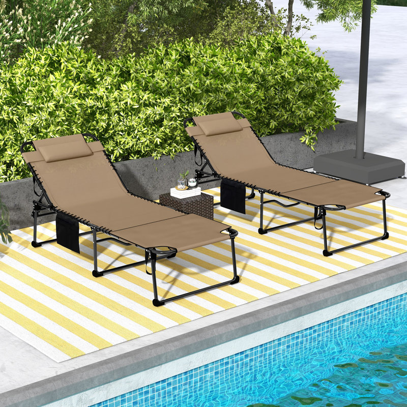 Outsunny 2 Piece Folding Chaise Lounge With 5-Level Reclining Back, Reading Face Hole, And Side Pocket For Outdoor Relaxation
