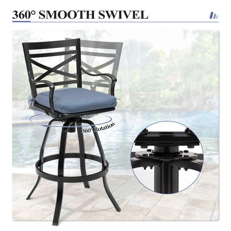 Tabouret de bar pivotant en aluminium coulé 29,92 po avec coussin Sunbrella Arhant, Spectre denim