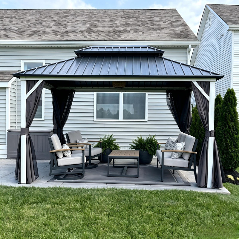 Purple Leaf 10' X 14' Hardtop Gazebo Outdoor Double Roof Gazebo White Aluminum Frame Pavilion With Curtain And Netting For Patio, Garden And Backyard, Grey
