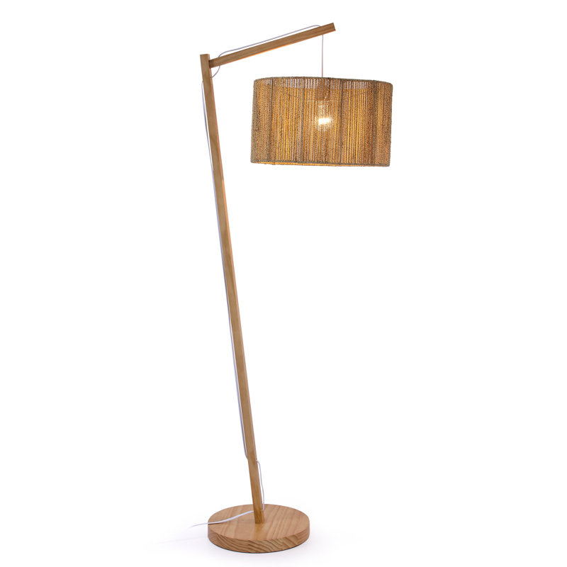 Lampe sur pied moderne en bois de pin 65 po avec structure en bois massif et abat-jour tambour en rotin 65 po