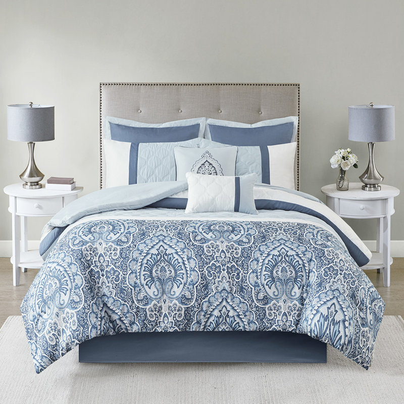 Édredon 8 pièces très grand, motif bleu, rembourrage, coussins brodés, lavable,, Bleu