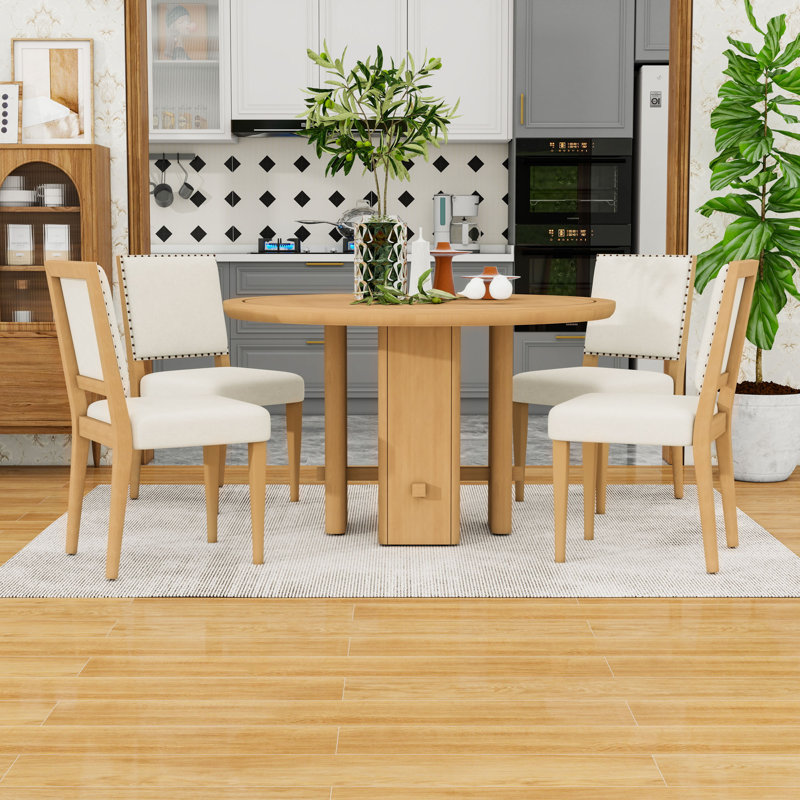 5Pcs Dining Table Set with Upholstered Chairs, Natural