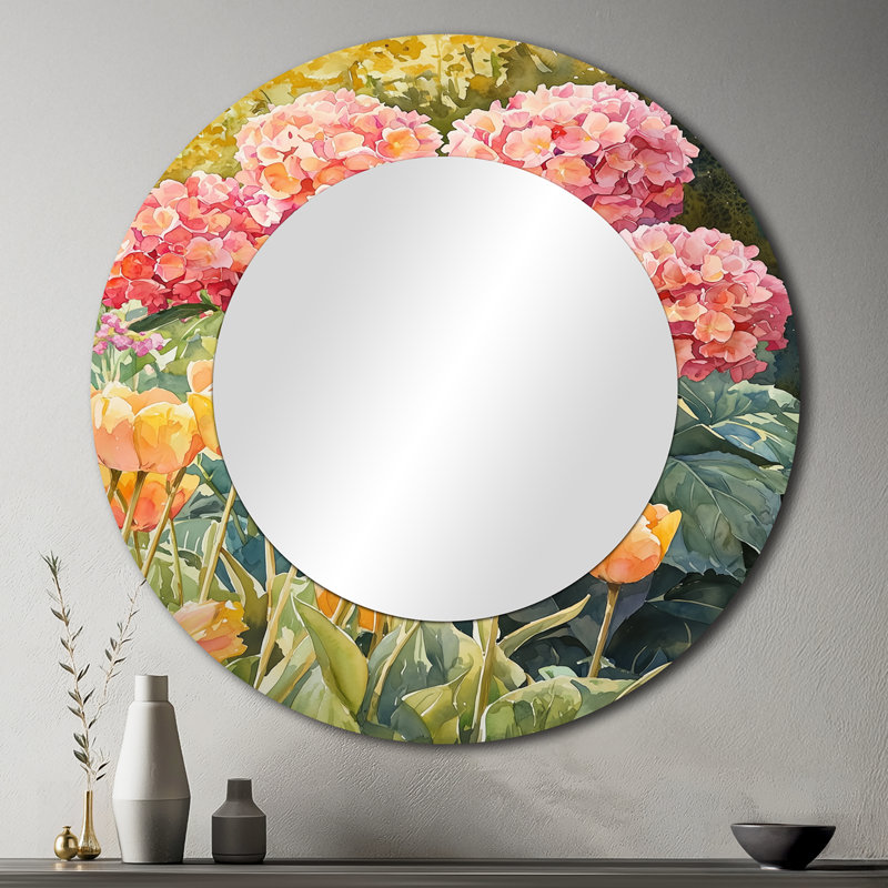 Hydrangeas In The Spring Garden I - Traditional Decorative Mirror Wall Art - Printed On Metal, 36" x 36"