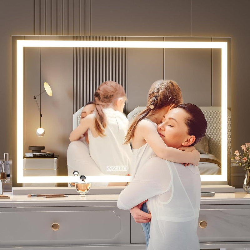 37" X 25.6" Square LED Lighted Makeup Vanity Mirror With Bluetooth Speaker, 3 Dimmable Colour Modes, Touch Screen Control, Wall Mounted Or Tabletop, White Finish
