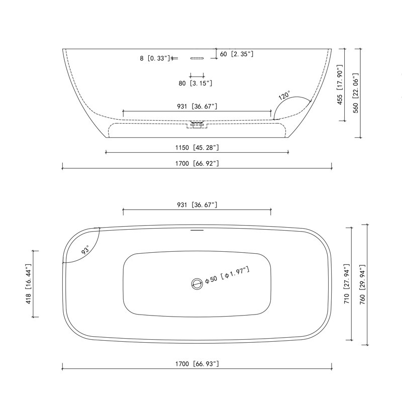 66.93"X 29.94"Solid Surface Bathtub, Freestanding Soaking Bathtub, Matte Black