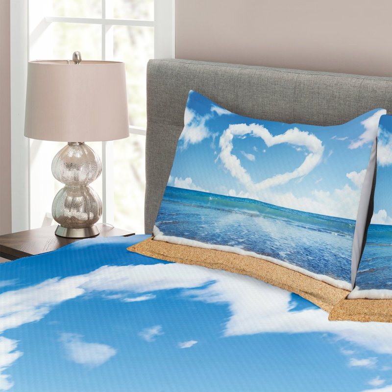 Clouds in Clear Blue Sky Forming a Heart Shape Romantic Beach Bedspread Set, 220 x 264 cm