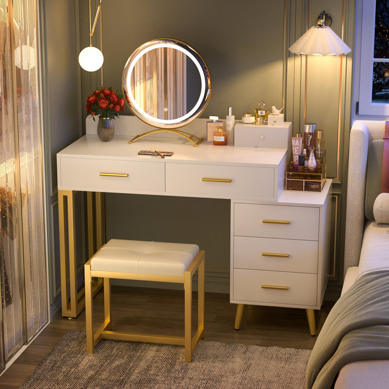 Meuble-lavabo avec miroir et tabouret Foivos, Blanc
