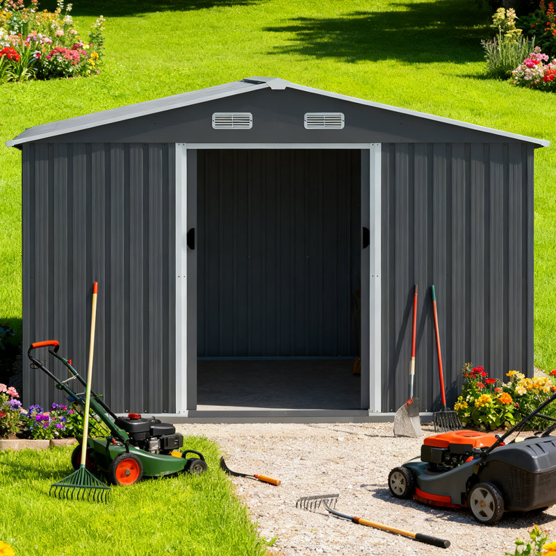 Outdoor Storage Shed 8 X 10 FT Large Metal Tool Sheds, Heavy Duty Storage House With Sliding Doors With Air Vent For Backyard Patio Lawn To Store Bikes, Tools, Lawnmowers Grey