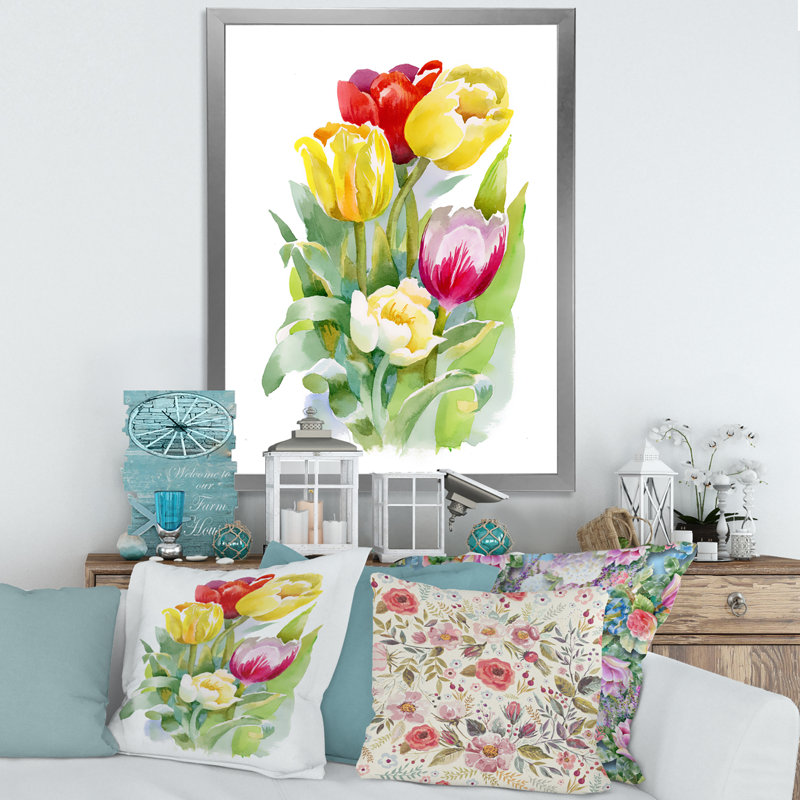 Bouquet de tulipes blanches et rouges - Photographie de cadre photo sur toile, H 20 po x l 12 po x P 1po, Encadrement argenté