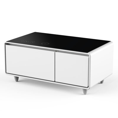 Smart Coffee Table With Compressor Cooling, Wireless Charging, Ports, Audio, White Rectangular, Removable Seal Modern Refrigerator, Touch Control, & Type-C Ports -