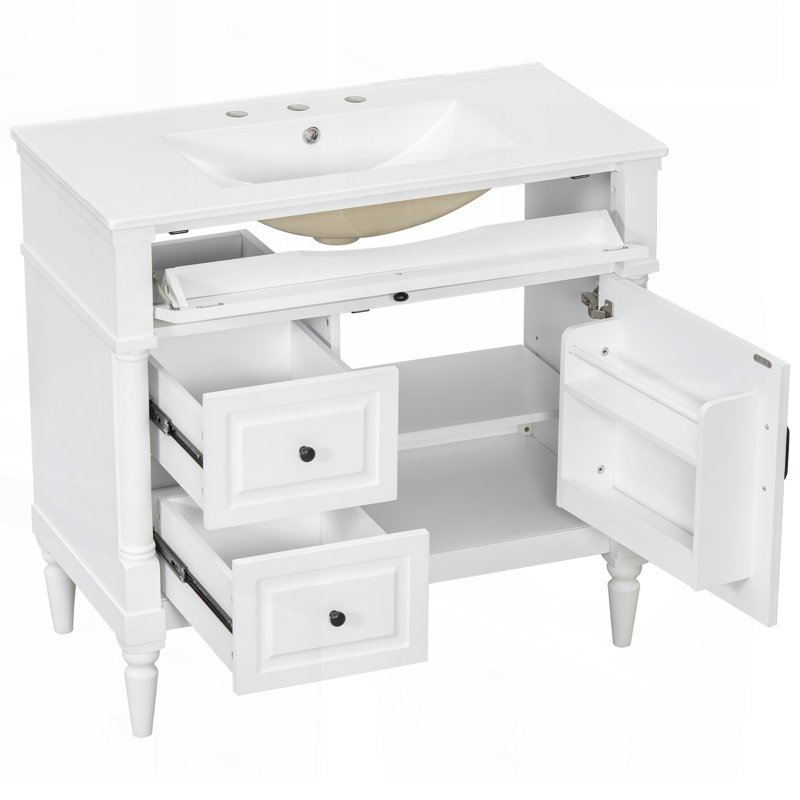 Meuble-lavabo autoportant de 36 pouces avec lavabo en céramique, tiroir rabattable, tablette réglable et structure en bois d'hévéa durable