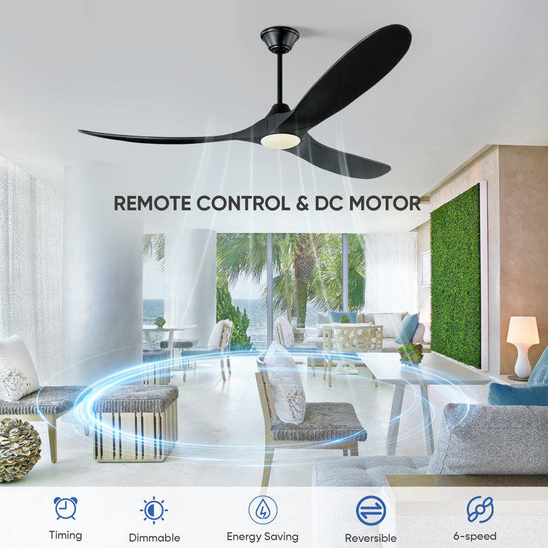 Ventilateur de plafond en bois massif à 3 pales avec lumière et télécommande, 70 po de largeur, Noir