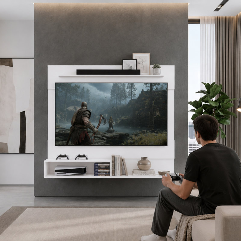 Irmo Wall-Mounted Entertainment Center with Shelves, White