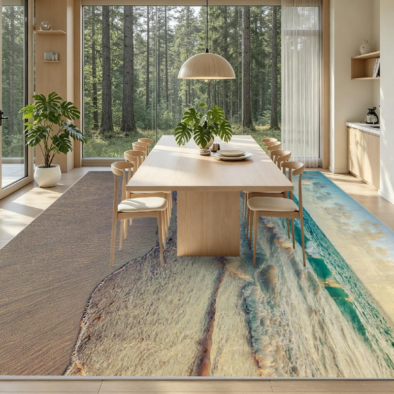 Tapis bleu clair transparent lavable à la machine avec paysage de lever de soleil, Rectangle 79 po x 118 po
