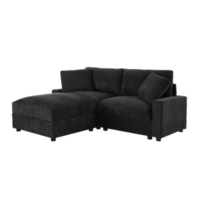 Space-saving Sectional Sofa With Storage, Black Polyester, Modern L-shaped Design For Living Room