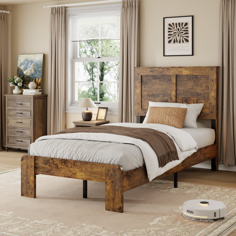 Gambrill Wood Platform Bed Frame,Noise Free,No Box Spring Needed,Large Under Bed Storage, Dark Brown, Twin