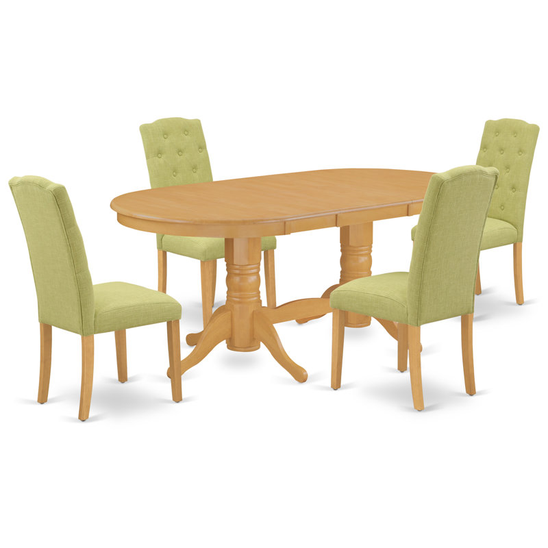 L'ensemble de mobilier de salle à manger 5 pièces comprend une table ovale en bois avec feuille papillon et 4 chaises Parsons en lin Limelight, chêne