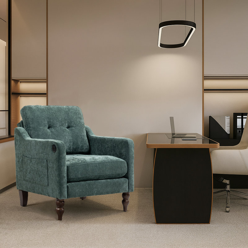 Fauteuil rembourré avec accoudoirs carrés et capitonnés, Vert foncé