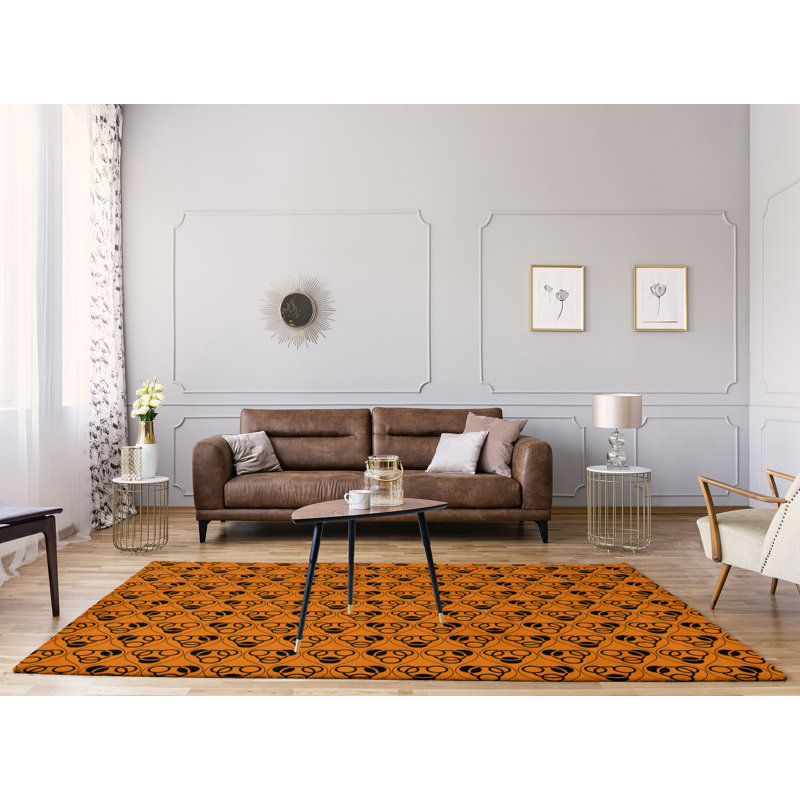 Tapis orange/noir zone fait main géométrique, Rectangle 9 pi x 12 pi