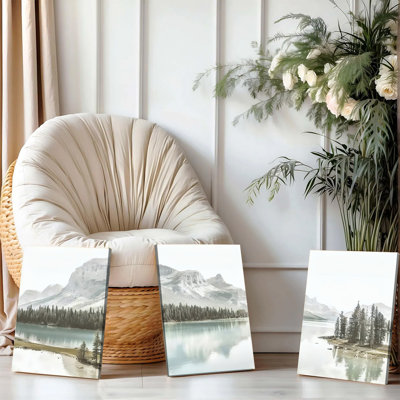 3 pièces d'art mural encadrées, ensemble de 3 impressions sur toile, paysage alpin, paysage serein avec pins et eau réfléchissante, décor minimaliste moderne pour le bureau de la chambre à coucher, impression haute définition