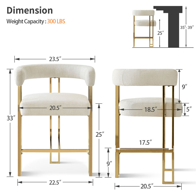 25" Upholstered Gold Chenille Counter Stool (Set of 4), Ivory