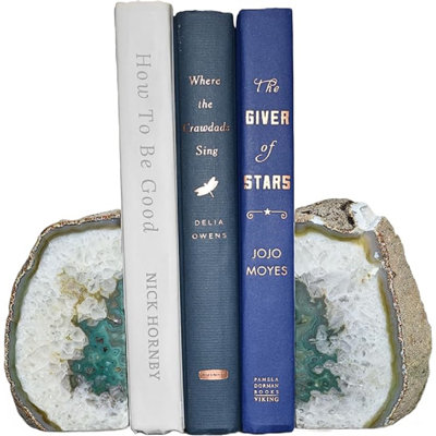 Agate Bookends - A Quality Green Geode Book Ends With Rubber Bumpers For Shelves, Office, Home Decor, Heavy Duty Cute Stone Bookend Pair For Decoration (2-3 LB)