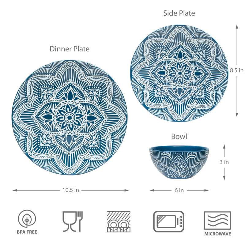 12-Piece Blue Floral Ceramic Dinnerware Set for 4