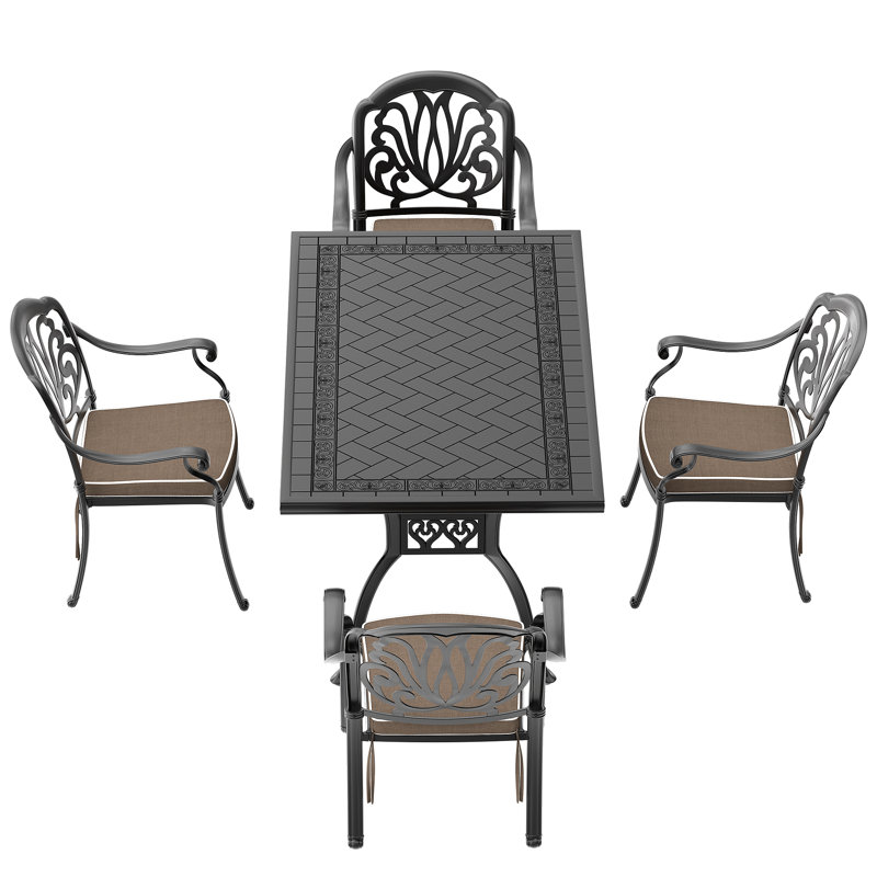 Ensemble de 5 meubles de patio en fonte d'aluminium avec coussins bruns, 5 pièces: table, 4 chaises